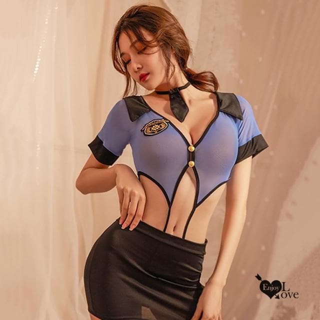 【Enjoy Love】交換禮物｜警察角色扮演服 V領雙釦露腰開襠連身包臀裙套裝｜角色扮演服 Cosplay 女警服