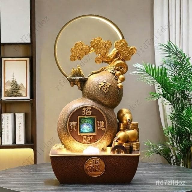 葫蘆流水擺件聚寶盆日進鬥金客廳電視櫃旁風水輪桌面裝飾喬遷禮物流水聚寶盆財位擺件招財水流盆葫蘆流水盆流水造景