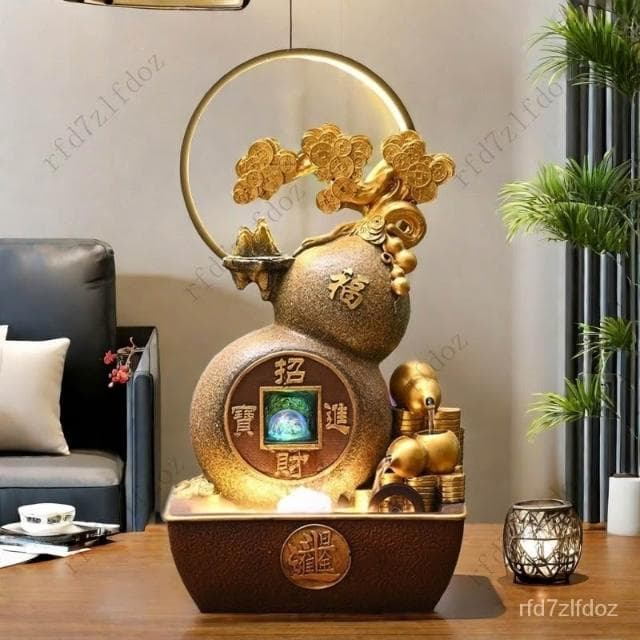 葫蘆流水擺件聚寶盆日進鬥金客廳電視櫃旁風水輪桌面裝飾喬遷禮物流水聚寶盆財位擺件招財水流盆葫蘆流水盆流水造景