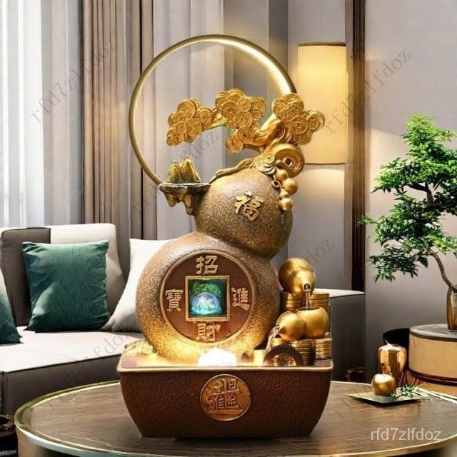 葫蘆流水擺件聚寶盆日進鬥金客廳電視櫃旁風水輪桌面裝飾喬遷禮物流水聚寶盆財位擺件招財水流盆葫蘆流水盆流水造景