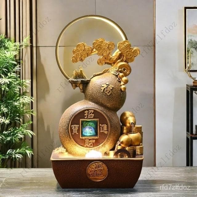 葫蘆流水擺件聚寶盆日進鬥金客廳電視櫃旁風水輪桌面裝飾喬遷禮物流水聚寶盆財位擺件招財水流盆葫蘆流水盆流水造景