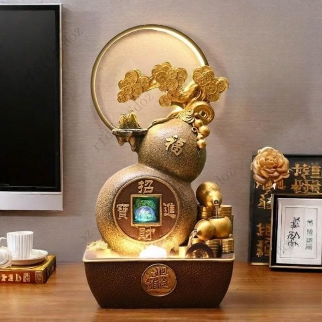 葫蘆流水擺件聚寶盆日進鬥金客廳電視櫃旁風水輪桌面裝飾喬遷禮物流水聚寶盆財位擺件招財水流盆葫蘆流水盆流水造景