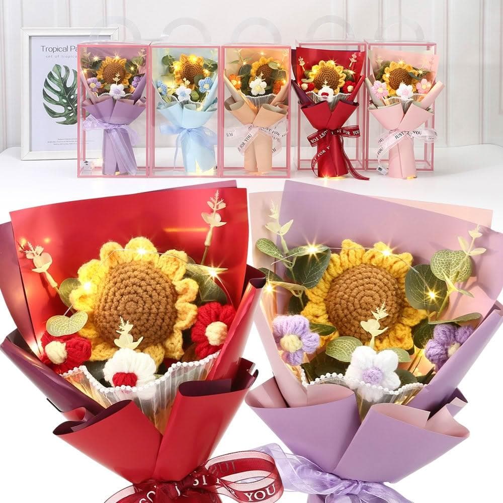 【六分埔禮品】向日花夢LED編織向日葵小花綠葉花束-多色任選(擺飾畢業禮物畢業典禮太陽花針織盒裝)