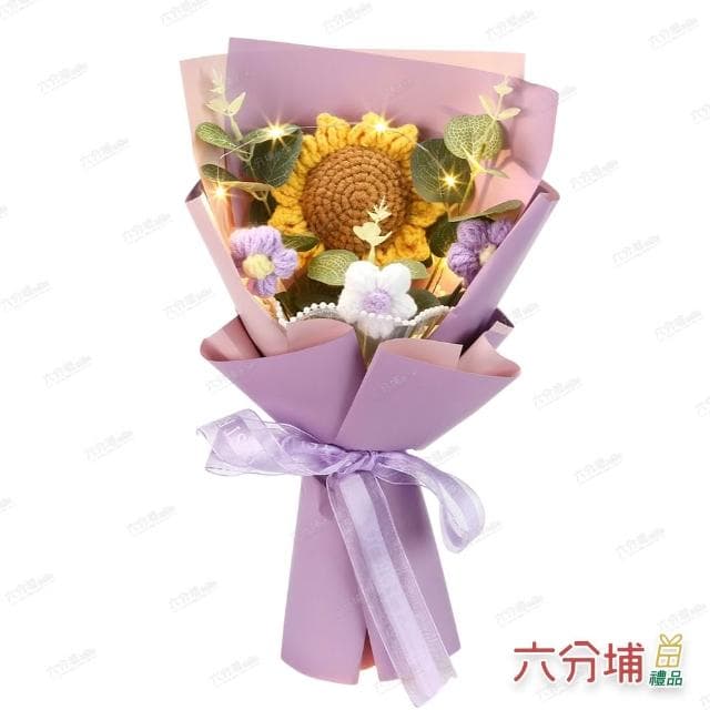 【六分埔禮品】向日花夢LED編織向日葵小花綠葉花束-多色任選(擺飾畢業禮物畢業典禮太陽花針織盒裝)