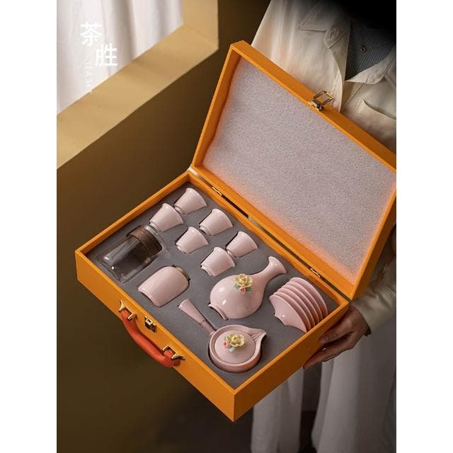 高檔粉色女性功夫功具套裝整套禮盒裝送老師母親生日喬遷禮物捏花