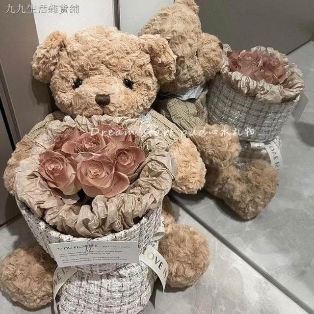 禮盒 公仔 創意小香風花束玫瑰 小熊卡布奇諾仿真花情人節禮物生日禮物女生送閨蜜手提袋禮盒款可選