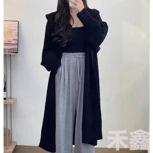 Q貝比 台灣現貨 女 秋冬針織外套 針織大衣 長版針織外套 連帽外套 慵懶寬鬆毛衣外套