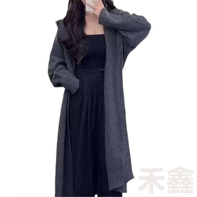 Q貝比 台灣現貨 女 秋冬針織外套 針織大衣 長版針織外套 連帽外套 慵懶寬鬆毛衣外套