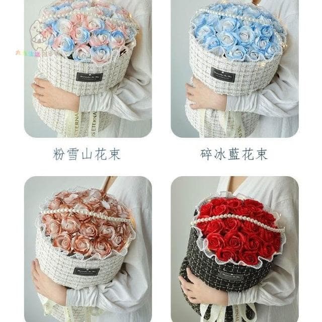 小香風碎冰藍 玫瑰花束 送女朋友閨蜜老婆老師母親節仿真香皂花  生日禮物 表白 求婚 聖誕 520禮物