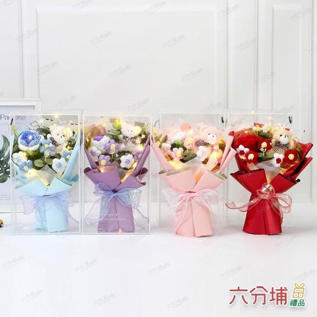 【六分埔禮品】LED小熊織花語玫瑰花束-多色任選(擺飾母親節情人節約會畢業禮物編織玫瑰針織盒裝)