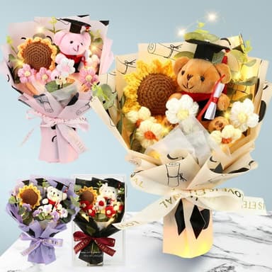 【六分埔禮品】向日熊語LED畢業熊編織向日葵小花花束-多色任選(擺飾畢業禮物畢業典禮編織太陽花針織盒裝)