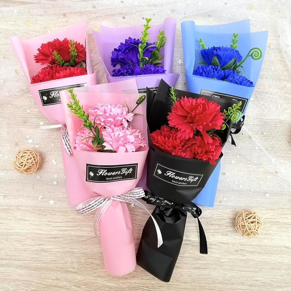 【六分埔禮品】三朵康乃馨香皂花束-盒裝附提袋-多色任選(擺飾母親節禮物香皂花人造花)