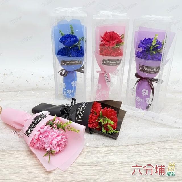 【六分埔禮品】三朵康乃馨香皂花束-盒裝附提袋-多色任選(擺飾母親節禮物香皂花人造花)