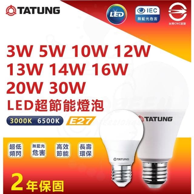 【TATUNG 大同】大同 LED燈泡 3W 5W 10W 12W 13W 14W 16W 20W 30W LED 球泡燈 