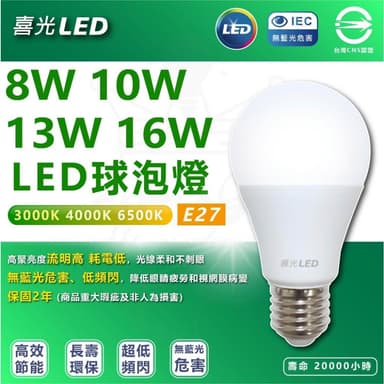 【喜光全光譜】 喜光 10W 13W 16W LED 節能 燈泡 球泡燈 無藍光 同工廠製造  E27