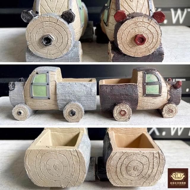 【PiNYU 品柚生活傢飾館】卡車花盆(童話森林田園木☆微景觀多肉盆栽場景佈置 樹樁小卡車卡通多肉植物花盆)
