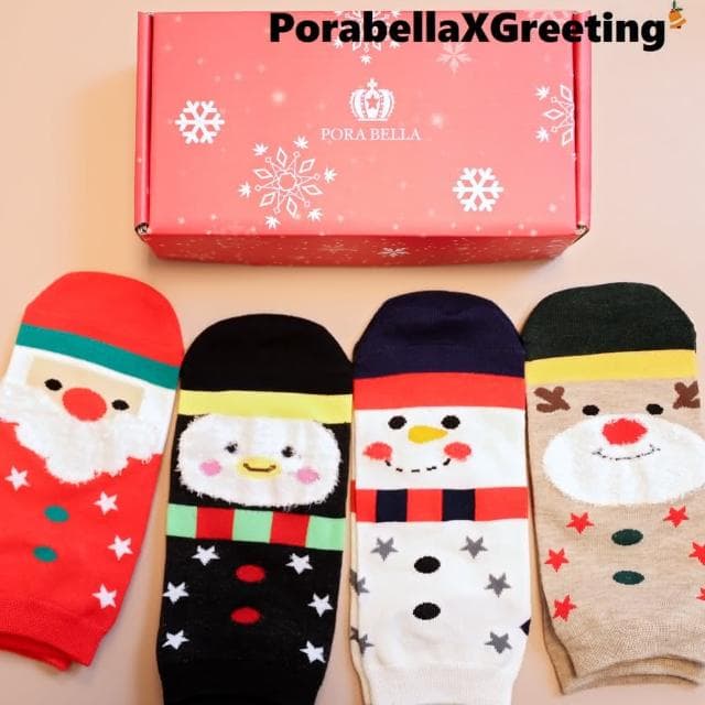 【Porabella】盒裝繽紛撞色聖誕中筒襪交換禮物雪人麋鹿雪人點點撞色可愛聖誕節必買精美包裝(一組4雙)