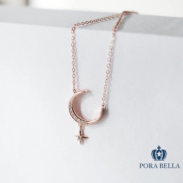 【Porabella】925純銀星星月亮設計項鍊 簡約小眾設計 星星鋯石鎖骨鏈 生日禮物 Necklace