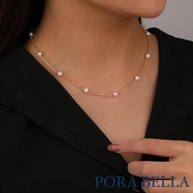 【Porabella】925純銀鍍金珍珠項鍊 人工淡水珍珠輕奢氣質項鍊 金色淡水珍珠項鍊 Pearl Necklace