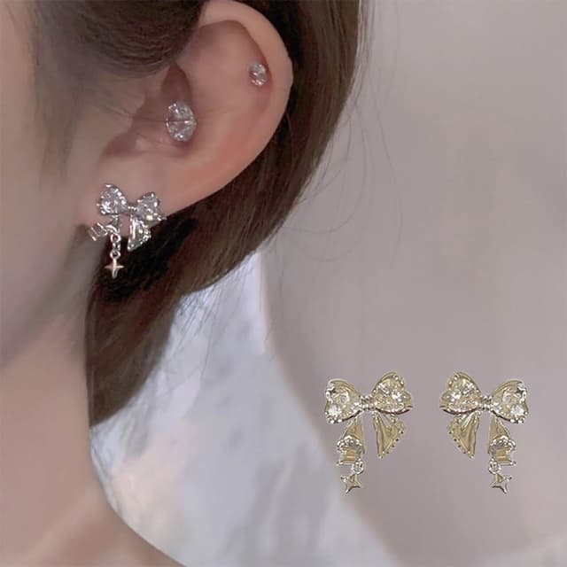 【LEESA】純銀耳環\蝴蝶結耳環\可愛耳環\日系耳環\韓國耳環\鋯石耳環\純銀耳釘\垂墜耳環\送女友送閨蜜\禮物