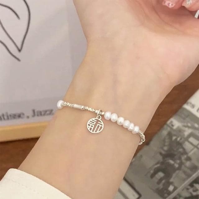 【LEESA】女生手鍊\高級感\生日禮物\飾品\碎銀子\珍珠手鍊\招財納福\簡約\韓國飾品\手鍊\手鍊女\925純銀\通體純銀