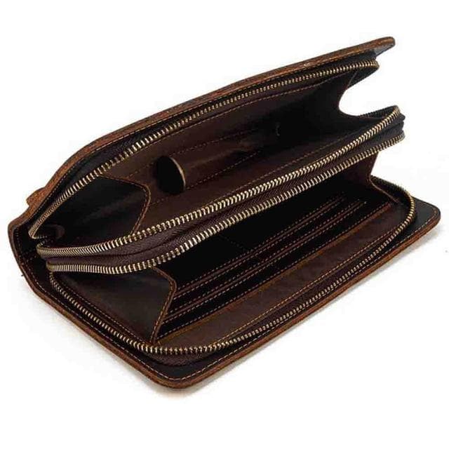 【LEESA】多卡位錢包\大容量手拿錢包\雙層拉鍊錢包\復古牛皮包\男士手拿錢包\牛皮手機包\真皮手抓包\送長輩男友\生日禮物