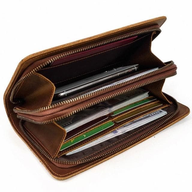 【LEESA】雙層拉鍊錢包\男士手拿錢包\大容量手拿錢包\復古牛皮包\牛皮手機包\多卡位錢包\真皮手抓包\送長輩男友\生日禮物