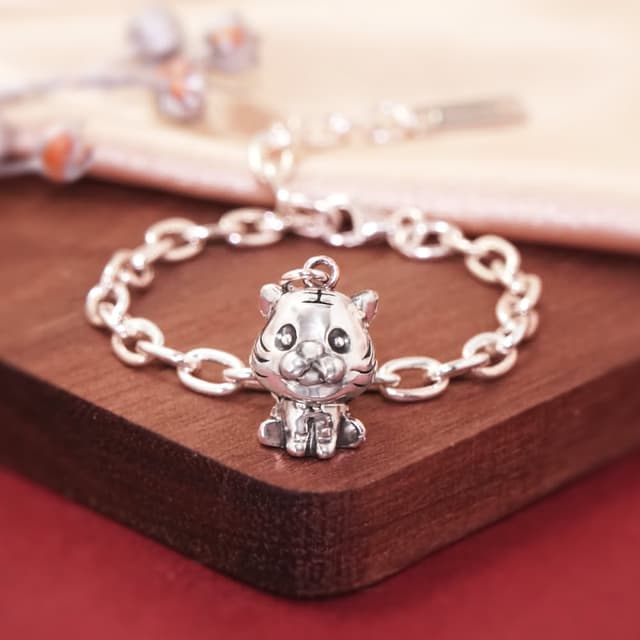 【ART64】純銀兒童手鍊/寶寶手鍊 彌月禮/生日禮物推薦 福虎生豐 虎寶寶造型 寬版