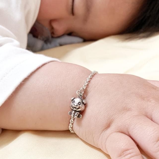 【ART64】純銀兒童手鍊/寶寶手鍊 彌月禮/生日禮物推薦 豬事大吉 豬寶寶造型 細版