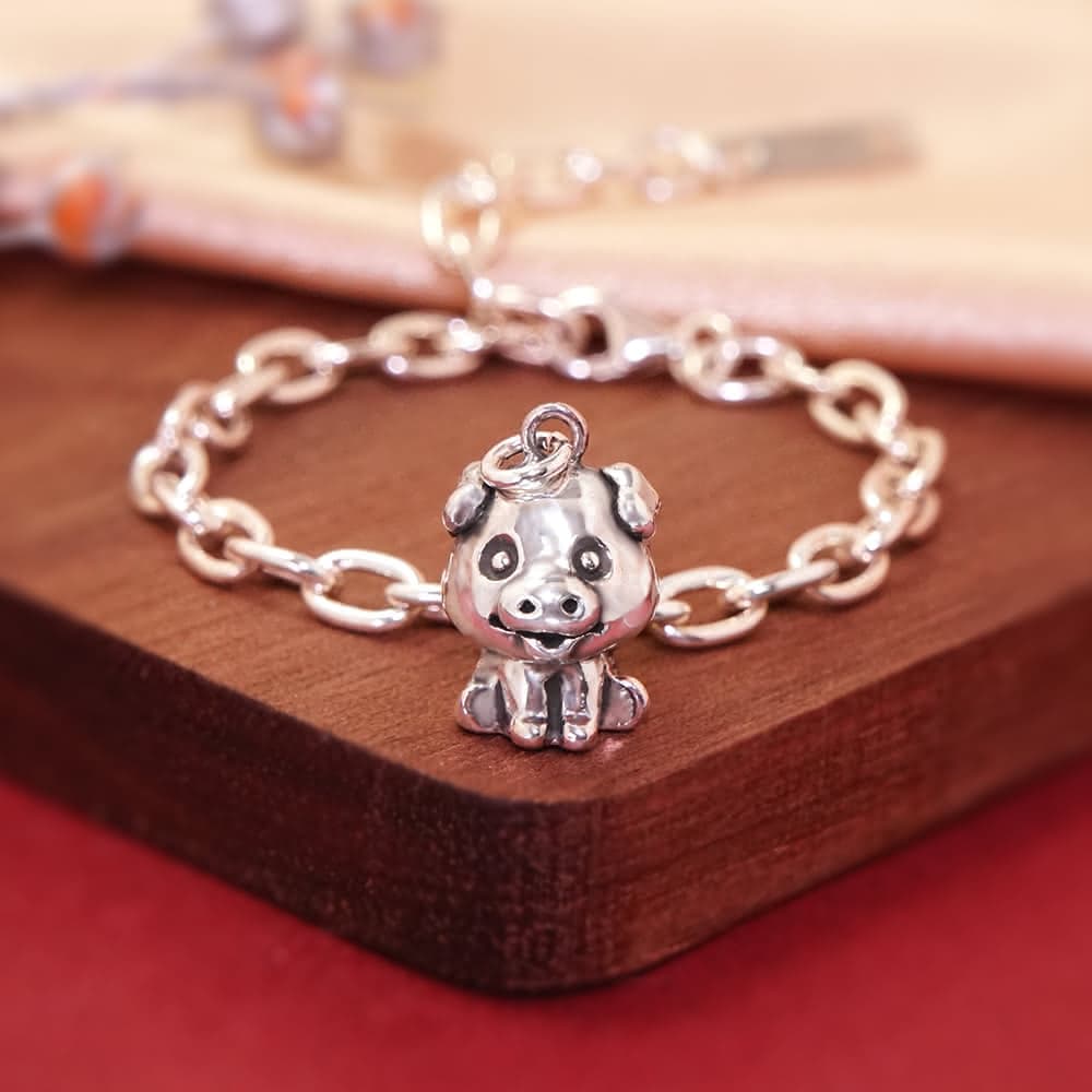 【ART64】純銀兒童手鍊/寶寶手鍊 彌月禮/生日禮物推薦 豬事大吉 豬寶寶造型 寬版