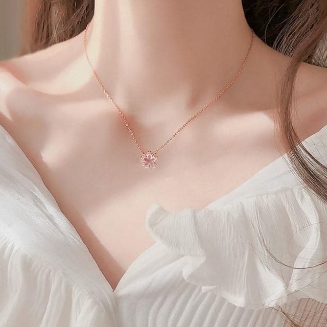 【MoonDy】小花項鍊 玫瑰金項鍊 純銀項鍊 鎖骨鏈 水晶項鍊 粉晶 生日禮物項鍊  韓國項鍊 櫻花項鍊