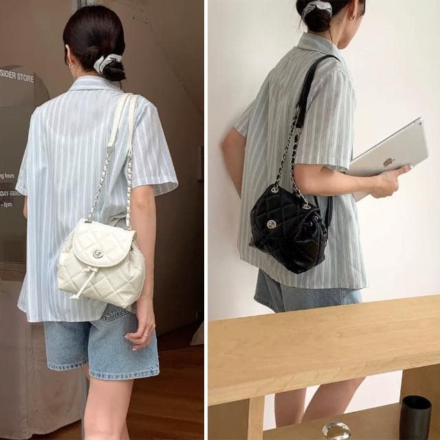 【MoonDy】包包 後背包 小背包 韓國包包 菱格紋包包 鍊帶包 鍊條包 小香風背包 女包 可愛包包 小孩包包 銀色包包 禮物