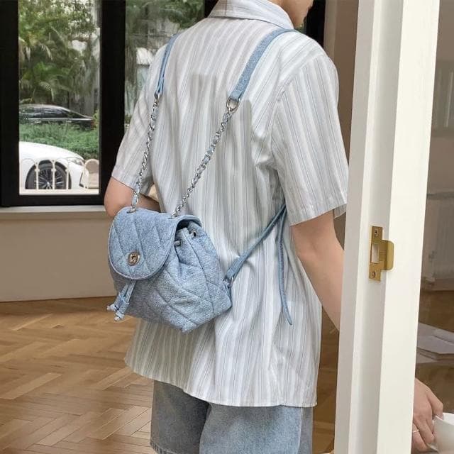 【MoonDy】包包 後背包 小背包 韓國包包 菱格紋包包 鍊帶包 鍊條包 小香風背包 女包 可愛包包 小孩包包 銀色包包 禮物