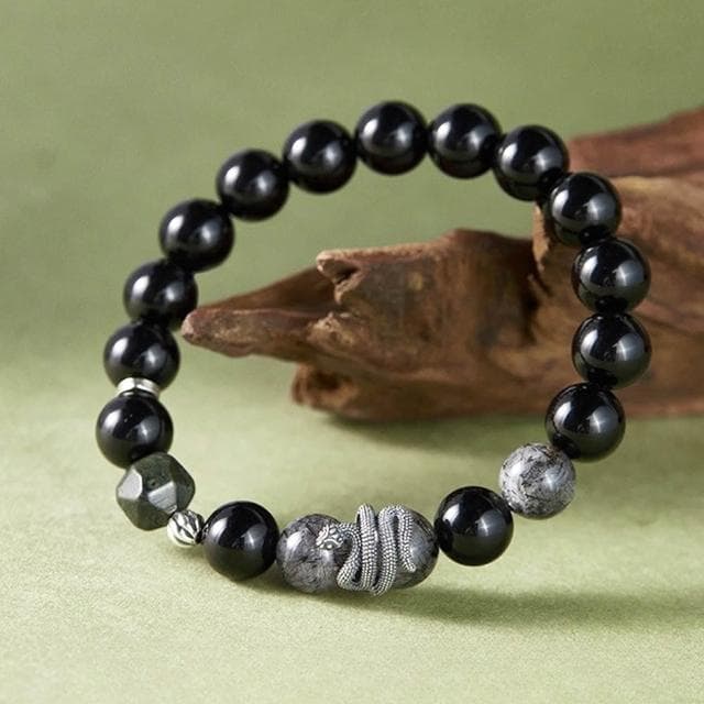 【MoonDy】水晶手串 手串男 黑曜石 黑髮晶 手鍊 手環 飾品 復古風 925 純銀 本命年 新中式 黑曼巴 保平安 生日禮物