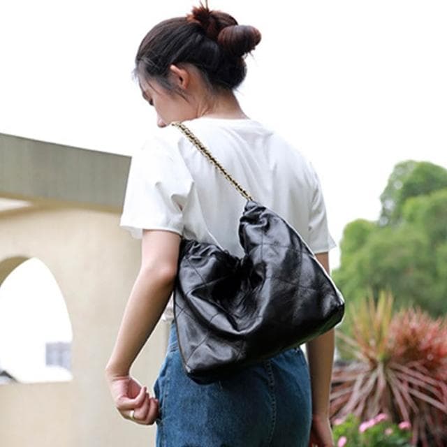 【MoonDy】單肩包 大包包 大容量包包 真皮包包 小香風包包 菱格包 垃圾袋包 牛皮腋下包 托特包 鏈條包 黑色包包 禮物