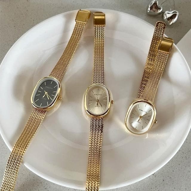 【MoonDy】手錶 金色手錶 指針式 復古錶 橢圓形錶 韓版手錶 ins風 高級感 女生手錶 精緻 學生手錶 石英錶