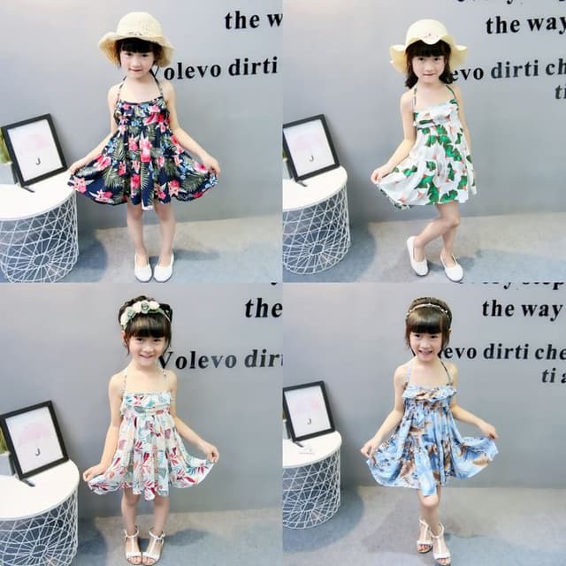 【Arbea】夏季連衣裙女童綿綢洋氣公主裙中大兒童露背吊帶裙沙灘碎花裙兒童女童 C494
