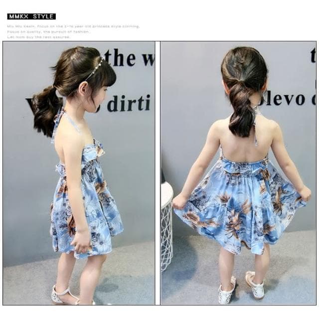 【Arbea】夏季連衣裙女童綿綢洋氣公主裙中大兒童露背吊帶裙沙灘碎花裙兒童女童 C494