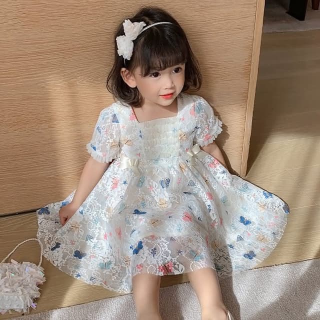 【Arbea】夏季新款洋氣女童泡泡袖連衣裙韓版兒童蝴蝶蕾絲裙女孩公主裙女童連衣裙 C405