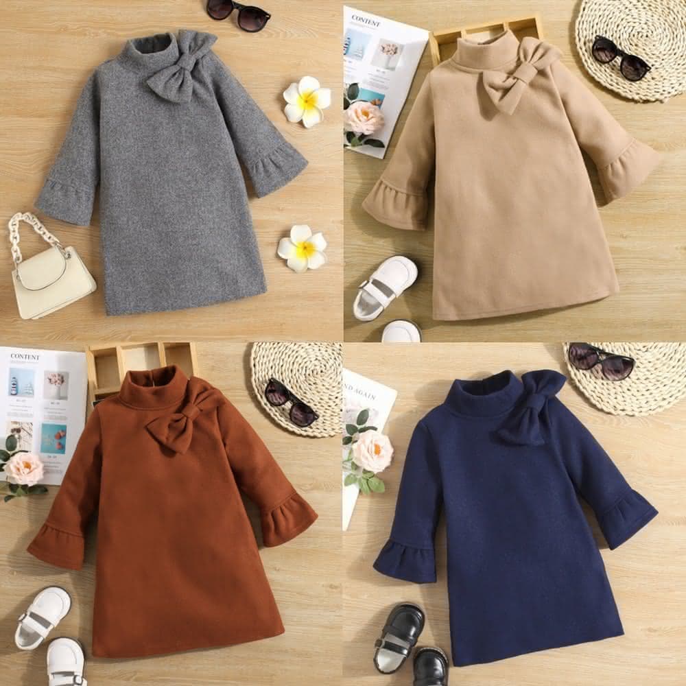 【Arbea】童裝兒童秋冬新款連衣裙女童歐美風大蝴蝶結淨色公主裙幼童兒童A字裙 C447