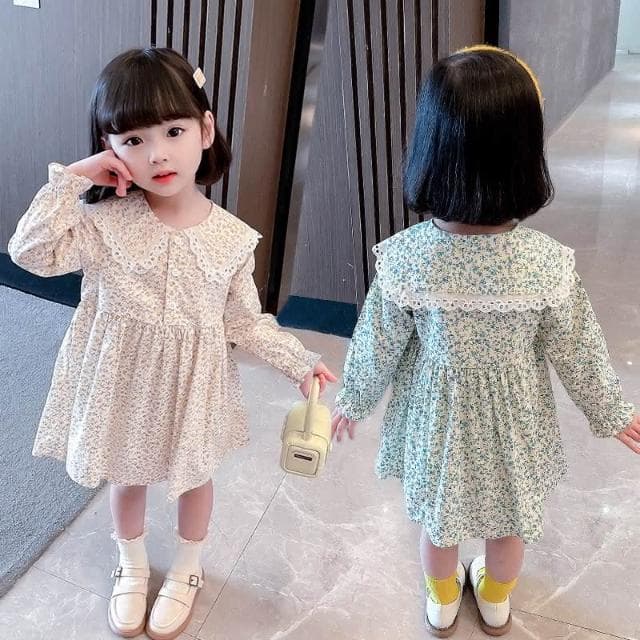 【Arbea】秋季長袖女童清新小花翻領連衣裙中小童裙兒童棉布裙 C202