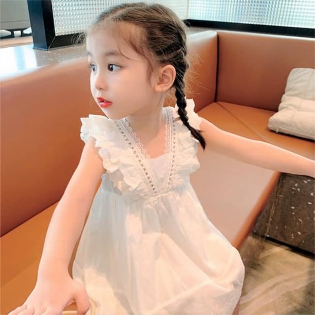 【Arbea】韓版洋氣女童花邊連衣裙夏季新款薄款背心裙女白色公主裙女童兒童 C229