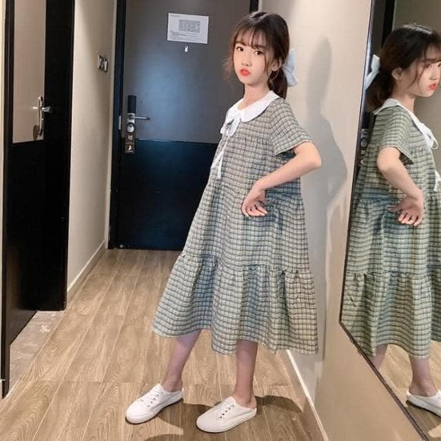 【Arbea】中大童女童翻領連衣裙夏季新款兒童短袖寬鬆時尚女孩洋氣淑女風格子裙 C212