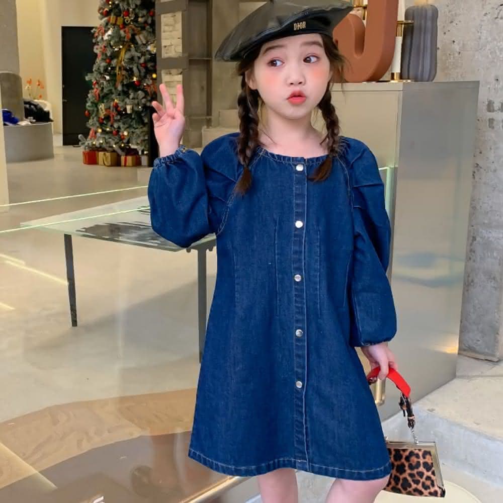 【Arbea】女童牛仔連衣裙春裝新款兒童韓版方領長袖春秋童裙童裝 C114