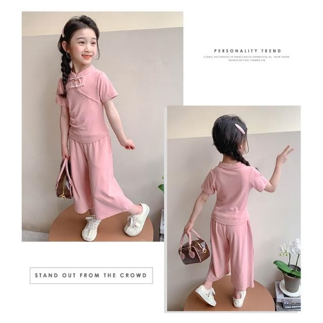 【Arbea】新中式女童套裝夏季新款盤扣休閒寶寶夏季衣服兒童夏季時尚兩件式 C1072