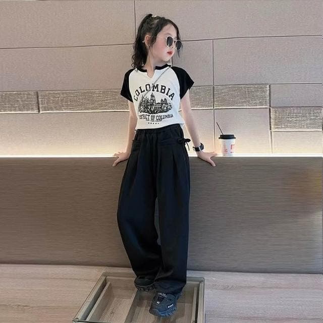 【Arbea】中大童120-170碼女童短袖T卹夏裝套裝新款洋氣兒童短上衣休閒直筒褲兩件套 C1170
