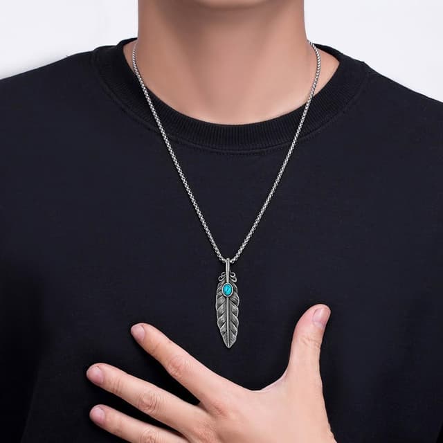 【LEEHER】復古風/飾品/造型項鍊/個性項鍊/羽毛項鍊/項鍊/不銹鋼項鍊/歐美項鍊/葉子/綠松石/吊墜/男女通用/配飾/禮物