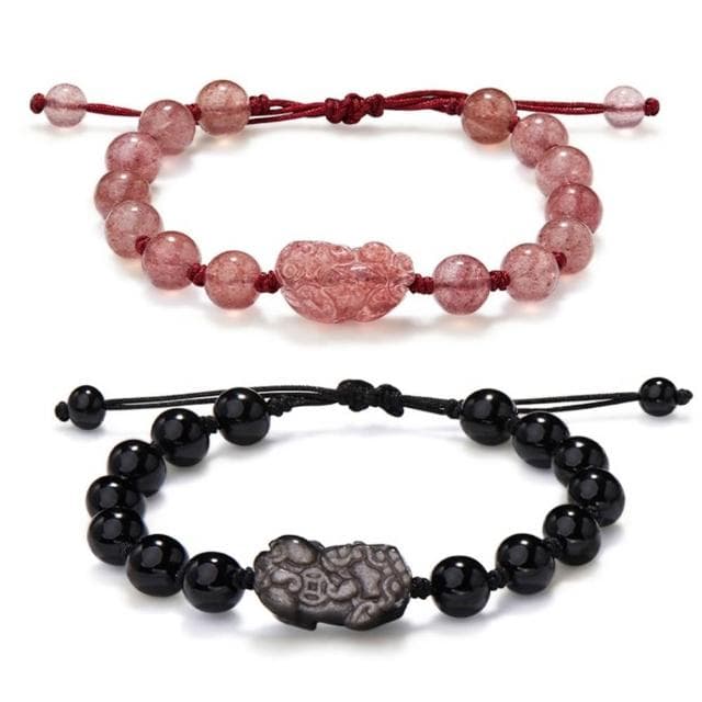 【LEEHER】招財納福/招桃花/手工編織/手鍊/水晶手鍊/草莓晶/飾品/情人節禮物/黑曜石/銀耀石手環/串珠/貔貅/情侶手鍊/