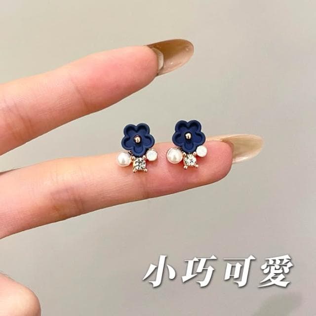 藍色小花耳環 S925銀 耳針 耳夾 耳飾 飾品 花朵耳環 耳釘 啞光小花 鑲鑽耳環 珍珠耳環 配件