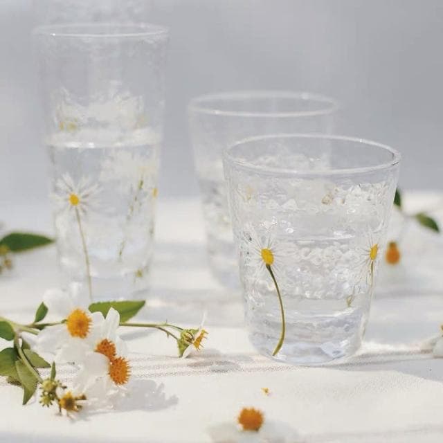【MYUMYU 沐慕家居】手繪小雛菊圓形 玻璃杯水杯 情侶杯 果汁杯 餐廳杯子 小花朵玻璃杯